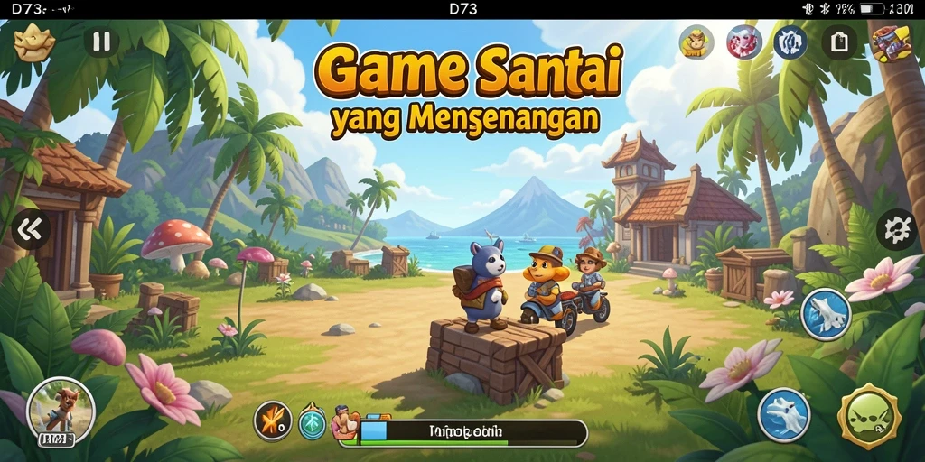 Screenshot D73 menampilkan gameplay yang ceria dan penuh warna.
