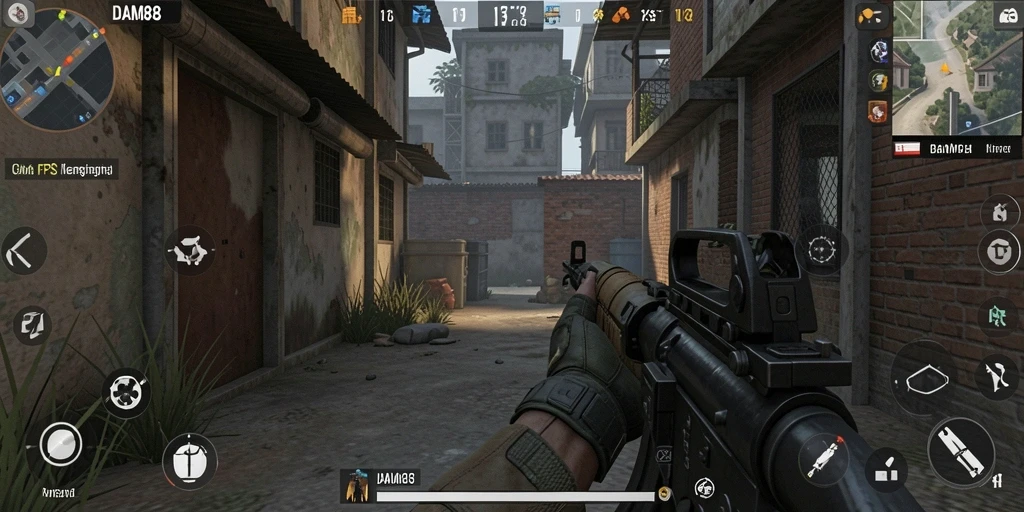 Screenshot utama DAM88 menunjukkan aksi intens dalam gameplay FPS yang mendebarkan.
