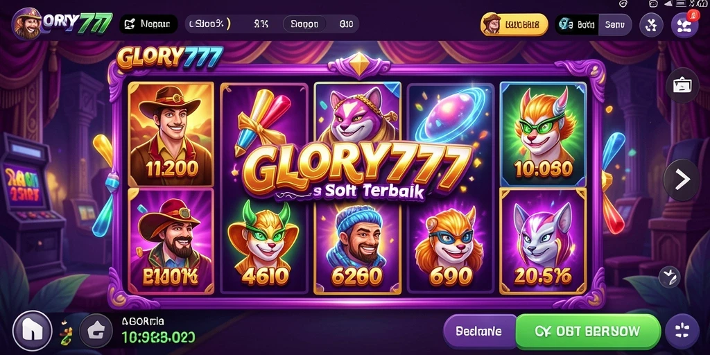 Screenshot gameplay GLORY777 menampilkan gulungan Slot yang penuh warna dan menarik.